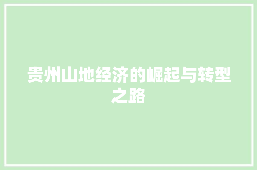 贵州山地经济的崛起与转型之路