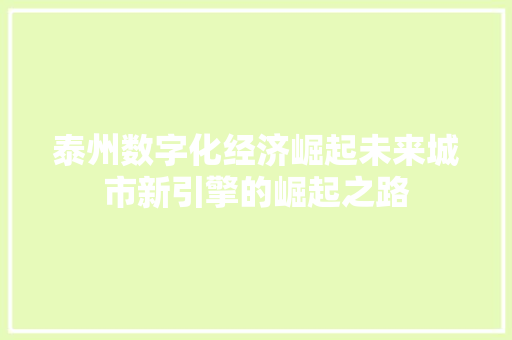 泰州数字化经济崛起未来城市新引擎的崛起之路 泰州数字化经济崛起未来城市新引擎的崛起之路