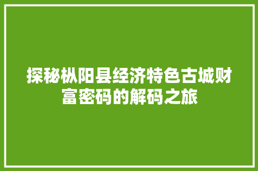 探秘枞阳县经济特色古城财富密码的解码之旅 探秘枞阳县经济特色古城财富密码的解码之旅