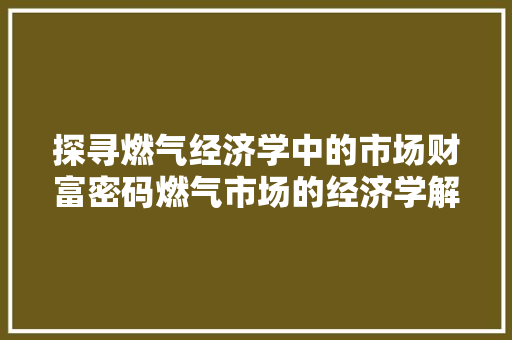探寻燃气经济学中的市场财富密码燃气市场的经济学解读 探寻燃气经济学中的市场财富密码燃气市场的经济学解读