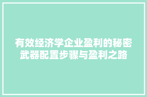 有效经济学企业盈利的秘密武器配置步骤与盈利之路 有效经济学企业盈利的秘密武器配置步骤与盈利之路
