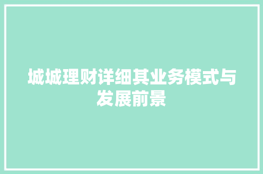 城城理财详细其业务模式与发展前景 城城理财详细其业务模式与发展前景