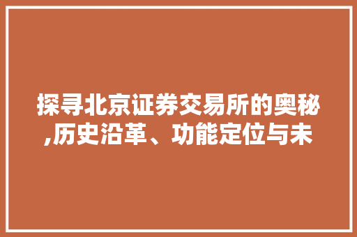 探寻北京证券交易所的奥秘,历史沿革、功能定位与未来展望 探寻北京证券交易所的奥秘,历史沿革、功能定位与未来展望